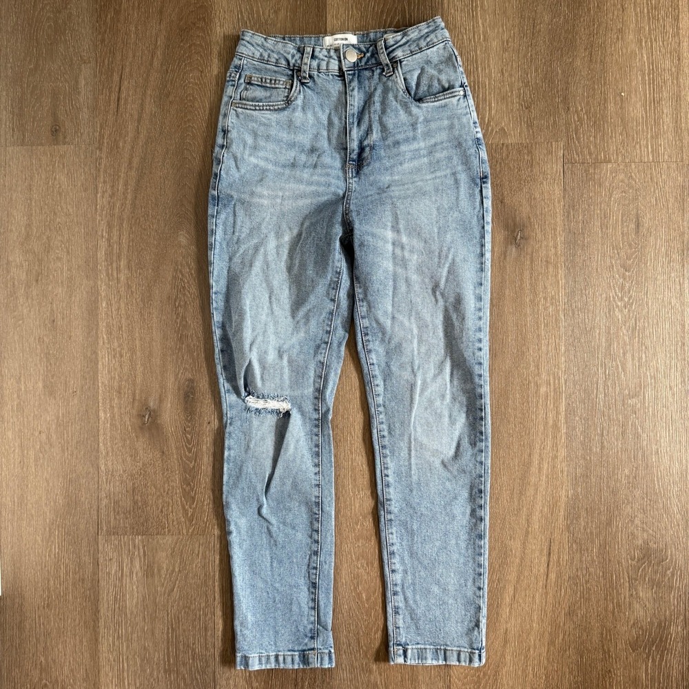 Cotton On Stretch Mom Jean Light Wash Distressed Ripped Knee Denim Womens Size 6